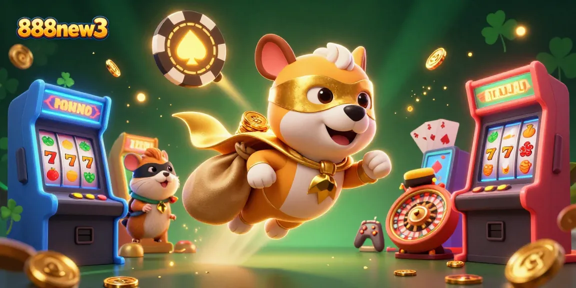 Explore casino fun with 888new3, featuring a cartoon superhero dog and hamster playing games.
