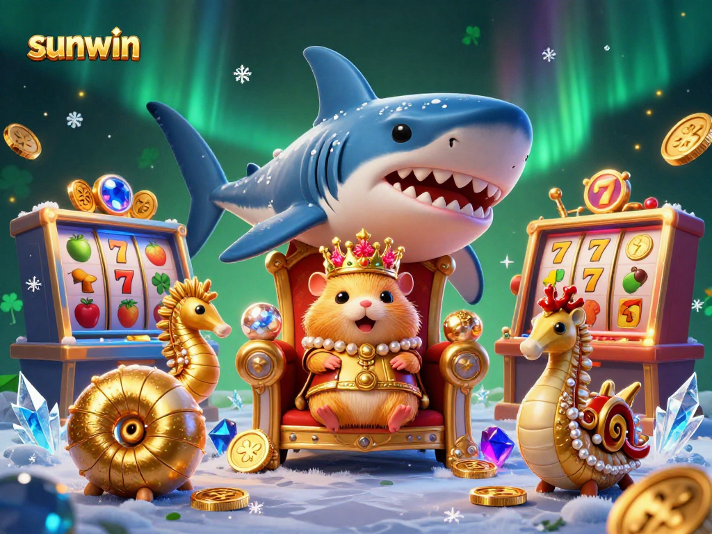 Experience the thrill of sunwin with a vibrant casino scene featuring unique characters and classic slot machines.