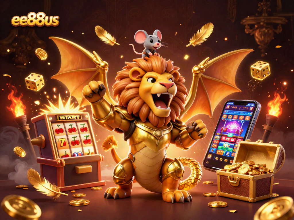 Experience ee88us with a golden chimera in casino-themed adventure surrounded by slot machines and treasures.