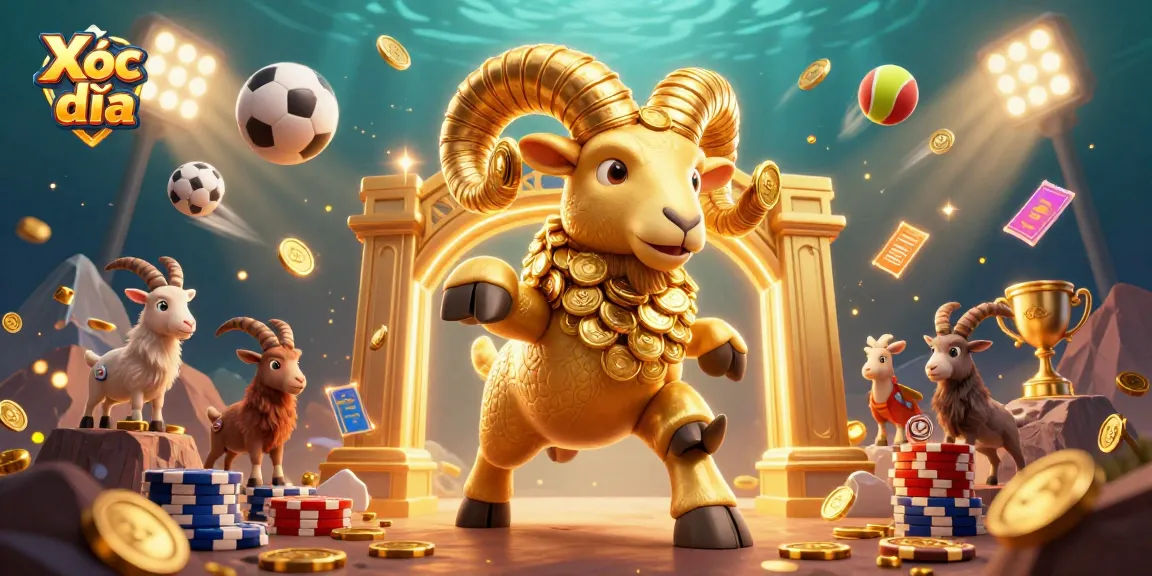 Xóc đĩa game elements flying with gold coins and a massive golden ram charging at a gate