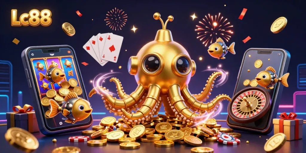 Spin and win at Lc88 with the golden kraken submarine amidst a treasure of coins and games.