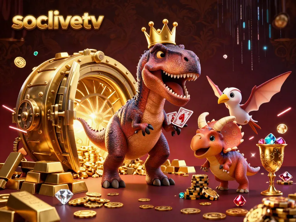 Socolivetv showcases a vibrant casino scene with dinosaurs engaging in card games and stacking chips.