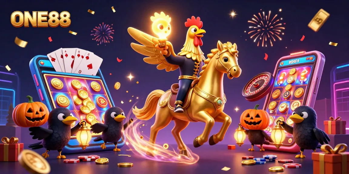 Engage with thrilling ONE88 slot adventures featuring golden rooster and spectral horse in a vibrant casino.