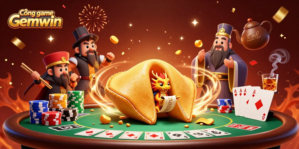 Experience the thrill of Cổng game Gemwin with a vibrant 3D illustration showcasing poker elements and fortune symbols.