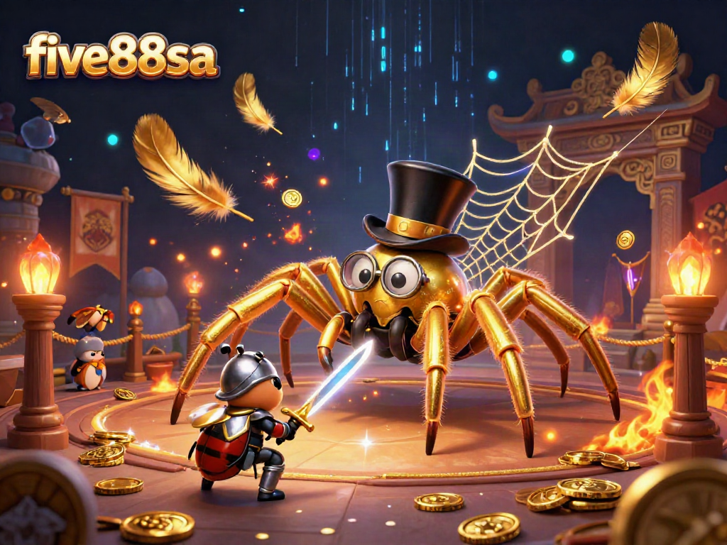 Engage with the vibrant scene of five88sa featuring a golden tarantula and knight in a casino backdrop.