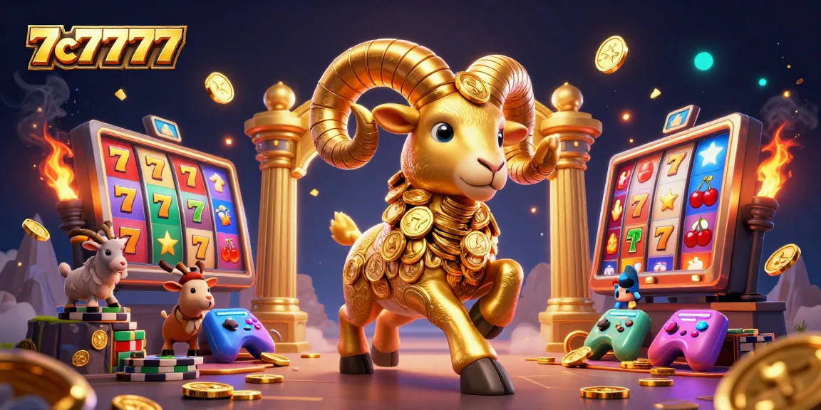 Engage with 7c7777 in this vibrant casino scene featuring a golden ram at a slot machine.