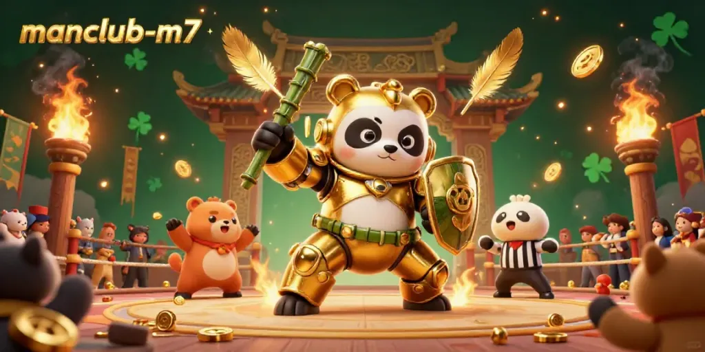 Engage with thrilling matches at manclub-m7, featuring dynamic golden panda fights and vibrant casino elements.