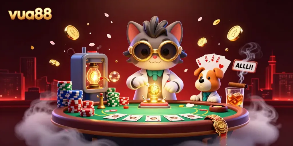 Engage in thrilling casino action with vua88, featuring a playful mad scientist cat and poker elements.