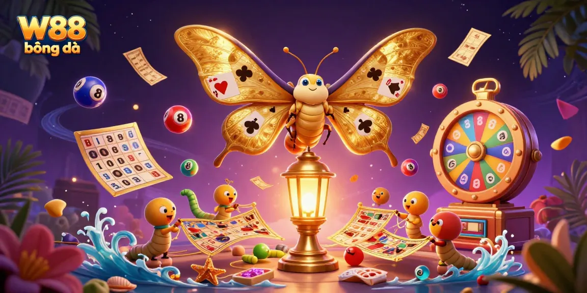 Bounce colorful lottery balls and golden tickets while enjoying W88 bóng đá in a vibrant casino scene.