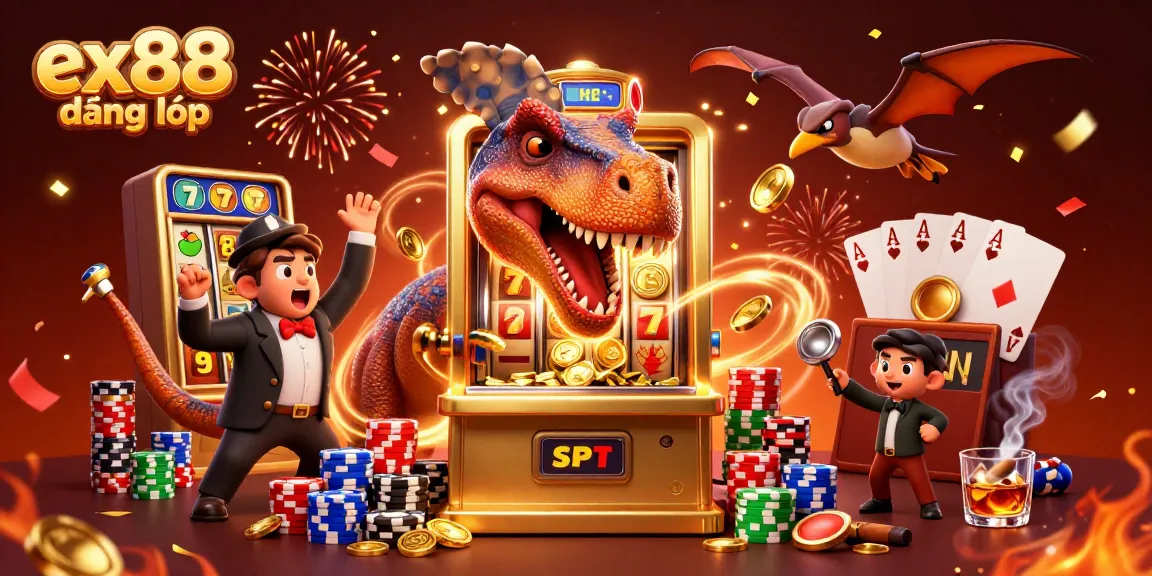 Experience ex88 đăng nhập excitement with a 3D pachycephalosaurus winning at the slots, amidst dynamic casino elements.