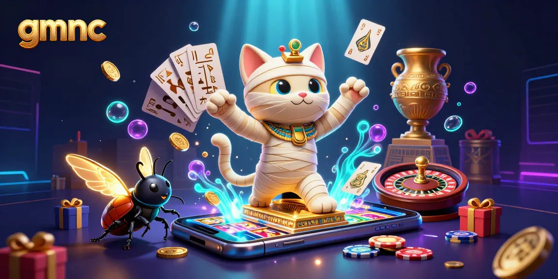gmnc highlights an Egyptian mummy cat in a pyramid casino amidst vibrant gaming elements