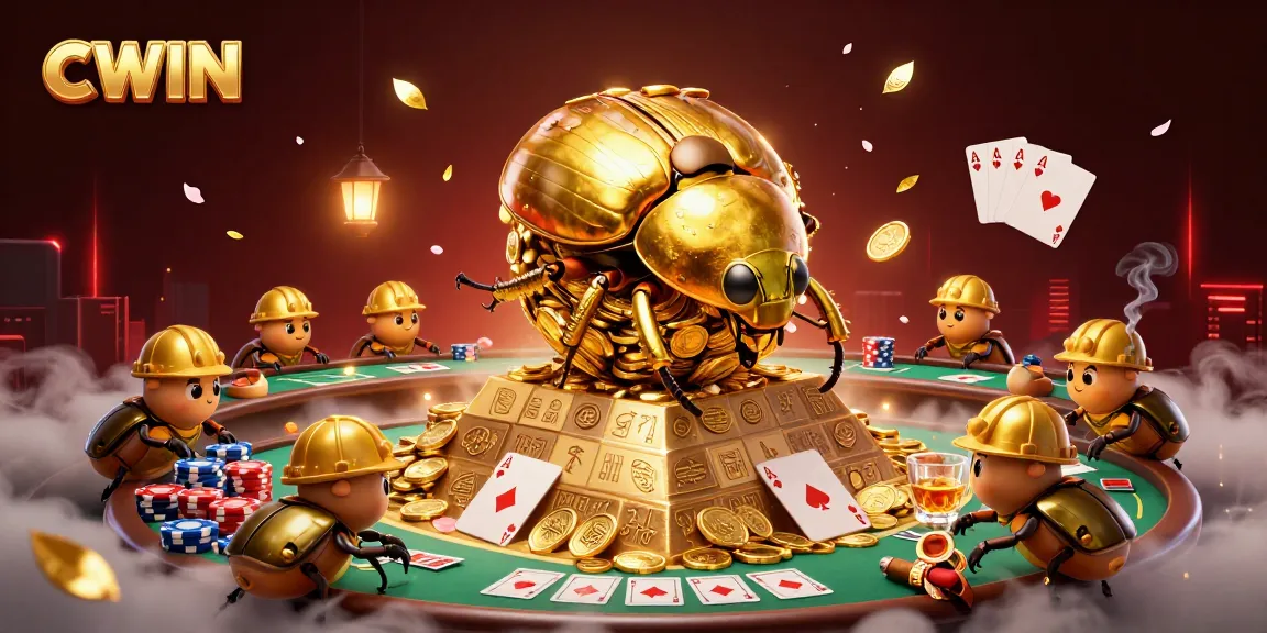 CWIN showcases a vibrant scene of casino elements with golden beetles rolling coins in an engaging gambling illustration.