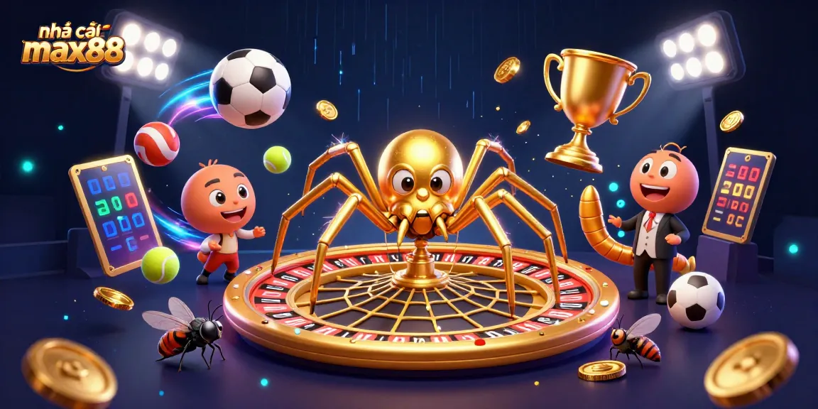 Engage in thrilling bets at nhà cái max88 with this dynamic 3D scene featuring a golden spider and centipede croupier.