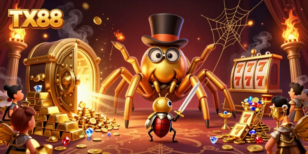 Experience the excitement at TX88 with a vibrant 3D illustration of a golden tarantula and beetle knight in action.