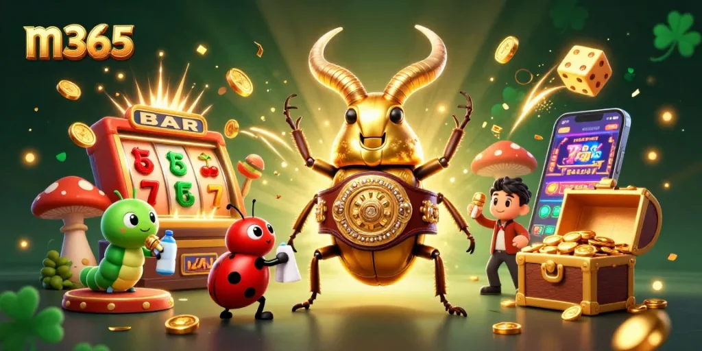 Experience exciting m365 action in a vibrant, dynamic casino scene filled with winnings and engaging characters.