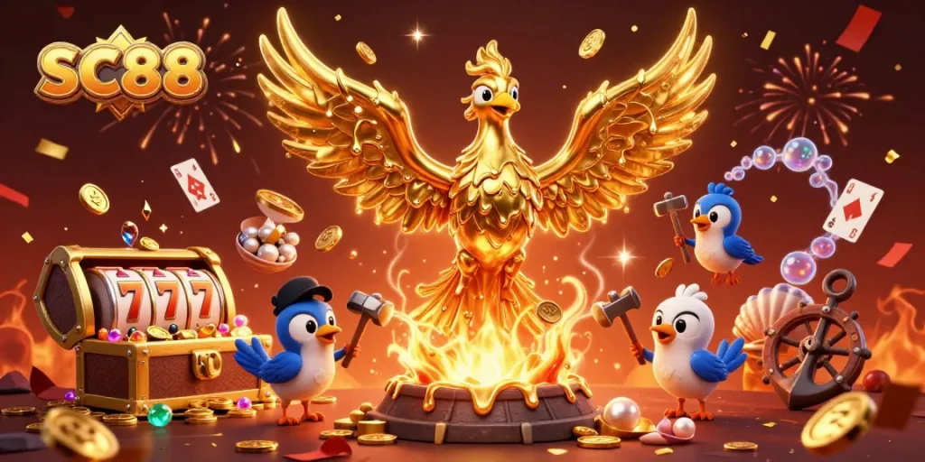Experience the thrill of SC88 with a golden phoenix and slot reels, immersed in a vibrant casino scene.
