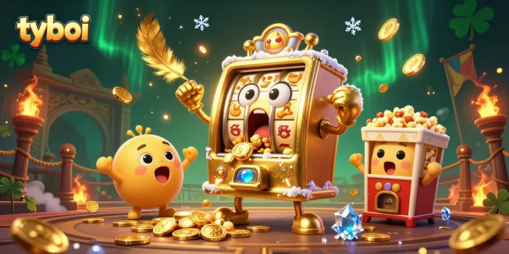 Spin the tyboi slot machine and watch treasures erupt in this vibrant casino scene with cheering companions.