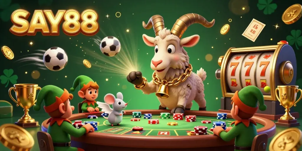 SAY88 players experience a lively casino with a Krampus goat and a tiny angel mouse managing chaos while gremlins steal chips.