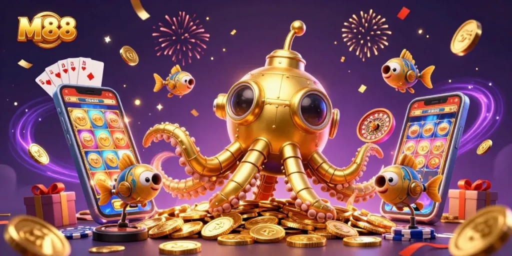 Engage with M88's vibrant casino atmosphere, showcasing the golden kraken amidst spinning slot games and coins.