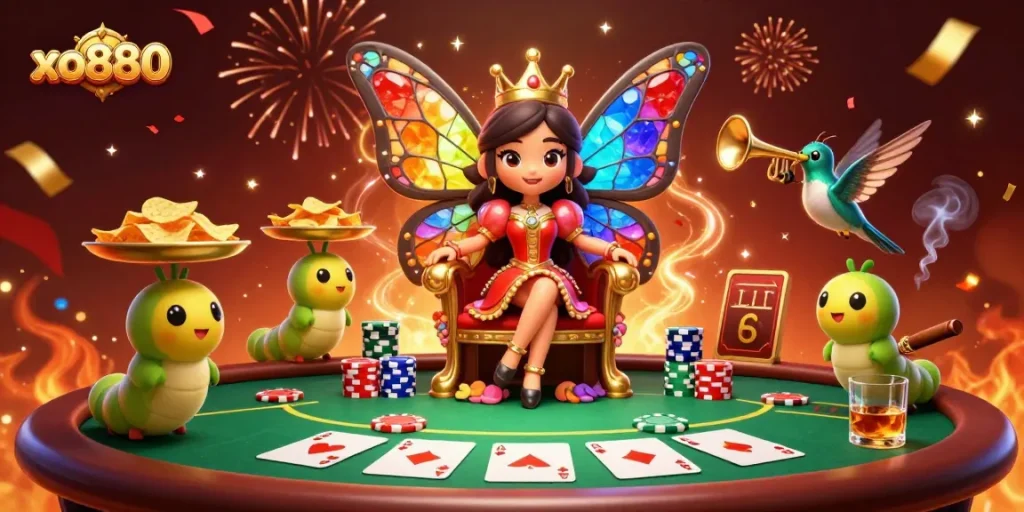 Engage with excitement at xo880’s casino, featuring a butterfly queen and vibrant poker elements.
