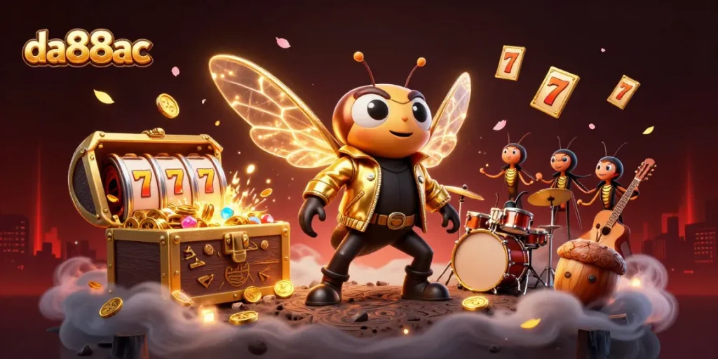 Experience the thrill of da88ac slots with our dynamic cartoon casino scene featuring a cicada rock star!