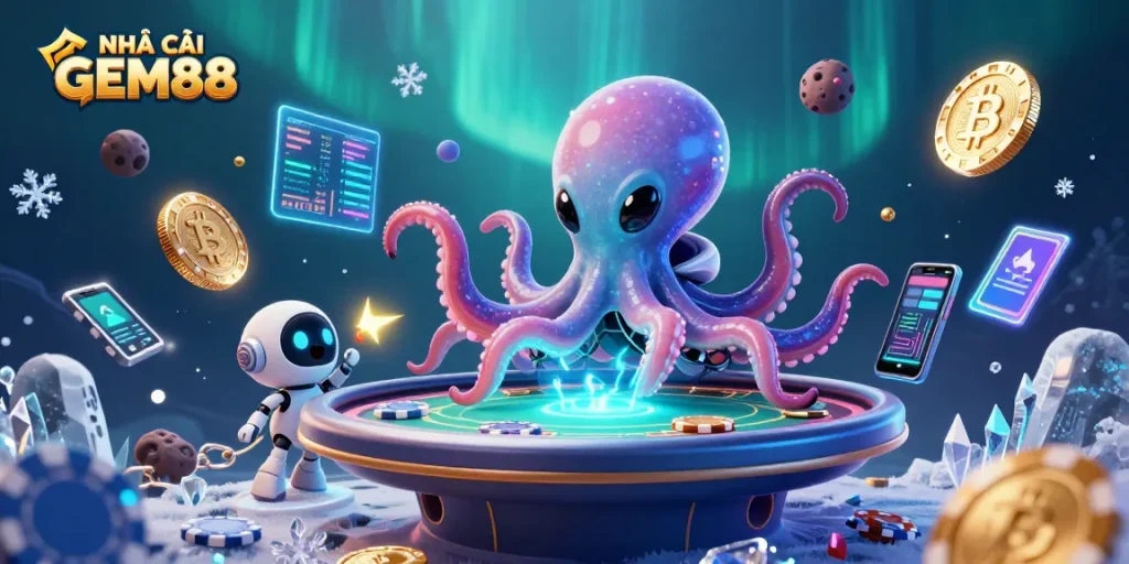 Engaging scene featuring NHÀ CÁI GEM88 with an alien octopus managing a holographic poker table amidst vibrant cosmic elements.