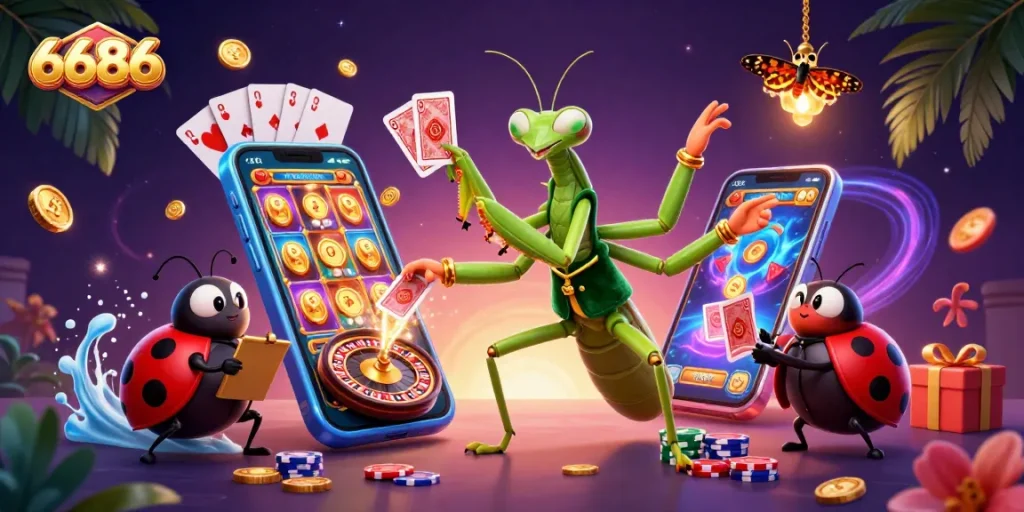 Explore 6686's thrilling casino experience with a mantis dealer and ladybug pit boss.