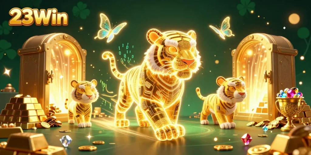 Experience the vibrant 23Win digital casino scene with a luminous tiger and treasure elements.