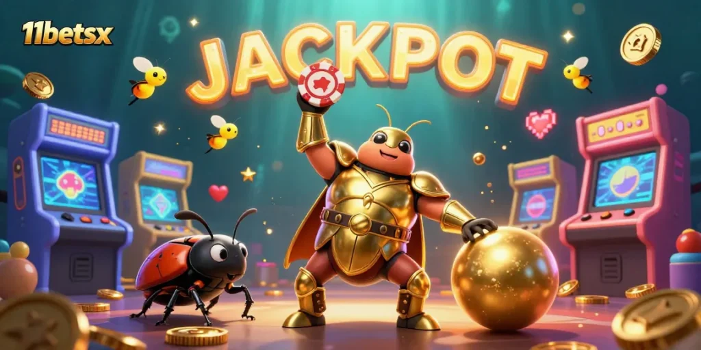 Engage in exciting gameplay at 11betsx with lively characters in a vibrant casino-themed scene.