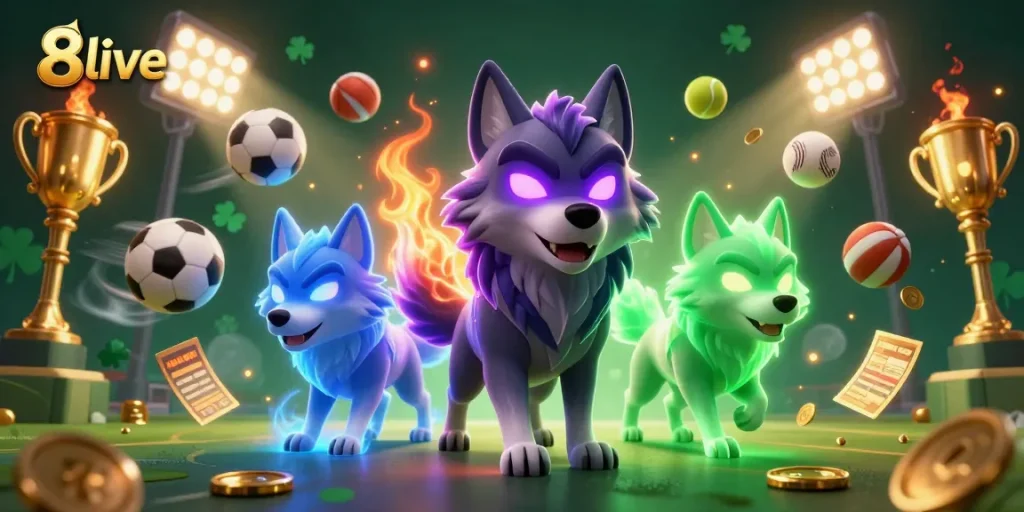 8live players strategizing with ghostly wolves and vibrant sports elements in a dynamic gambling scene