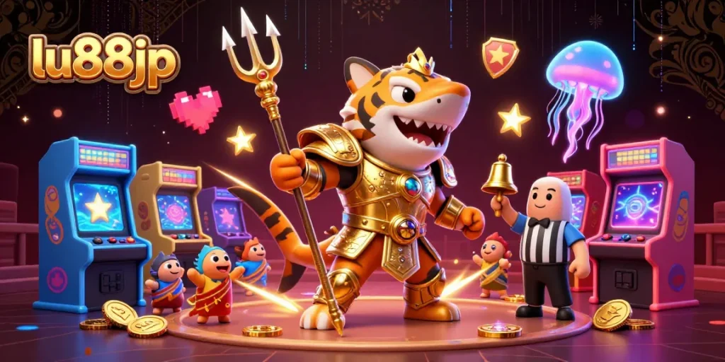 Experience thrilling gaming action with lu88jp's vibrant underwater casino adventure featuring a gladiator shark.