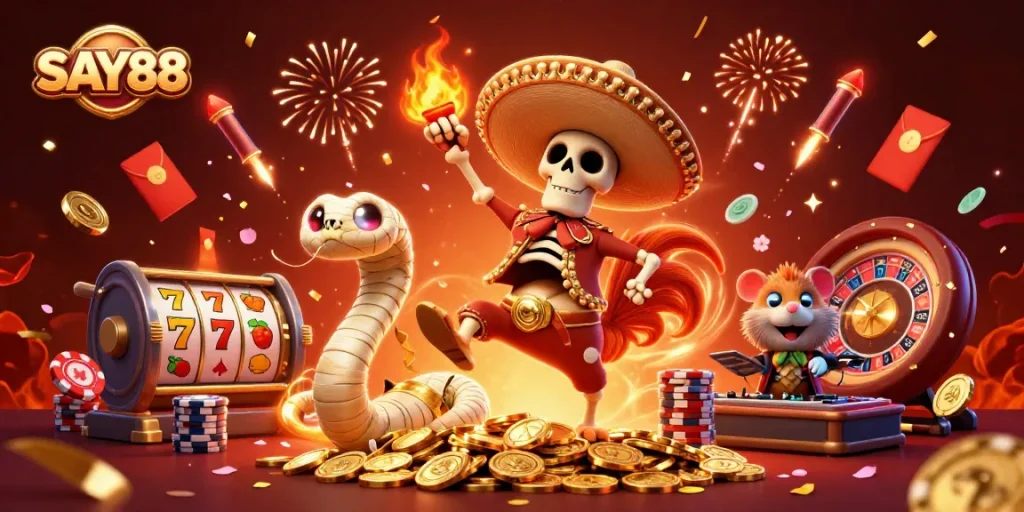 SAY88 features unique characters celebrating on a vibrant casino-themed scene, enhancing the gaming atmosphere.