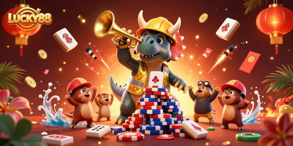 Engage with LUCKY88 vibes in this lively 3D casino celebration scene featuring animated characters!