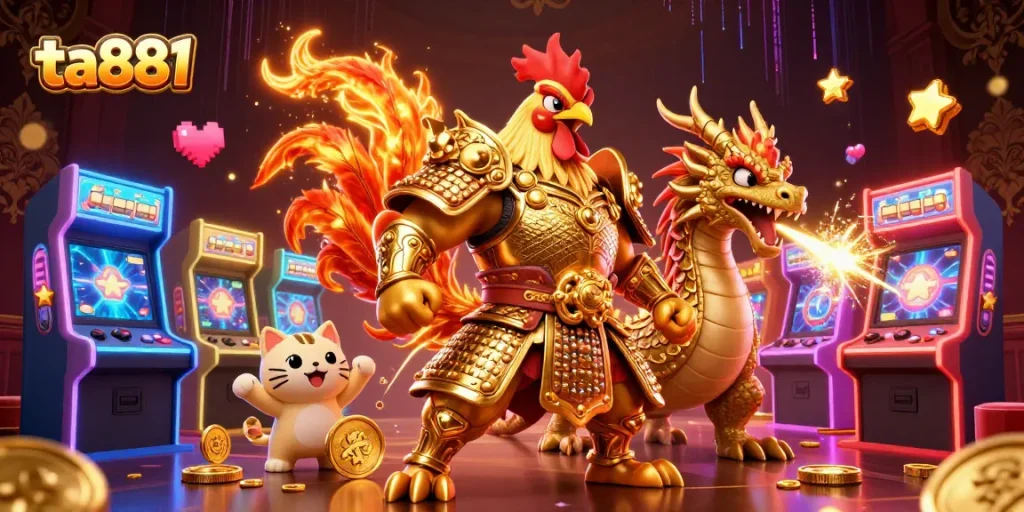 Experience the thrilling adventures at ta881 with a vibrant 3D illustration of legendary warriors and casino games.