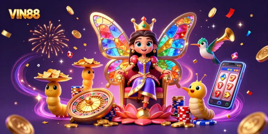 Experience the vibrant world of VIN88 with a dazzling queen, chips, and casino elements.