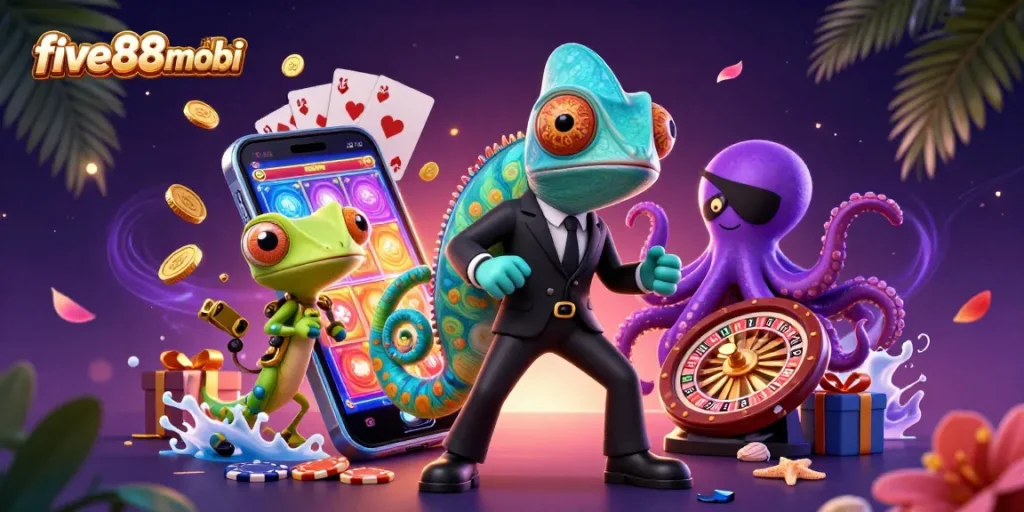 Experience thrilling gaming action at five88mobi with vibrant slot games, colorful characters, and dynamic casino elements.