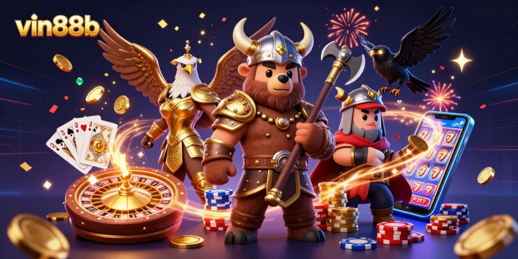 Experience vin88b's thrilling casino adventure with vibrant 3D characters and exciting gaming elements.