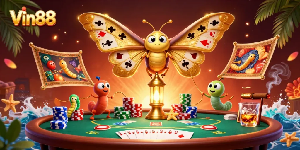 Experience Vin88 with a majestic moth symbolizing luck and casino excitement in a vibrant gambling scene.
