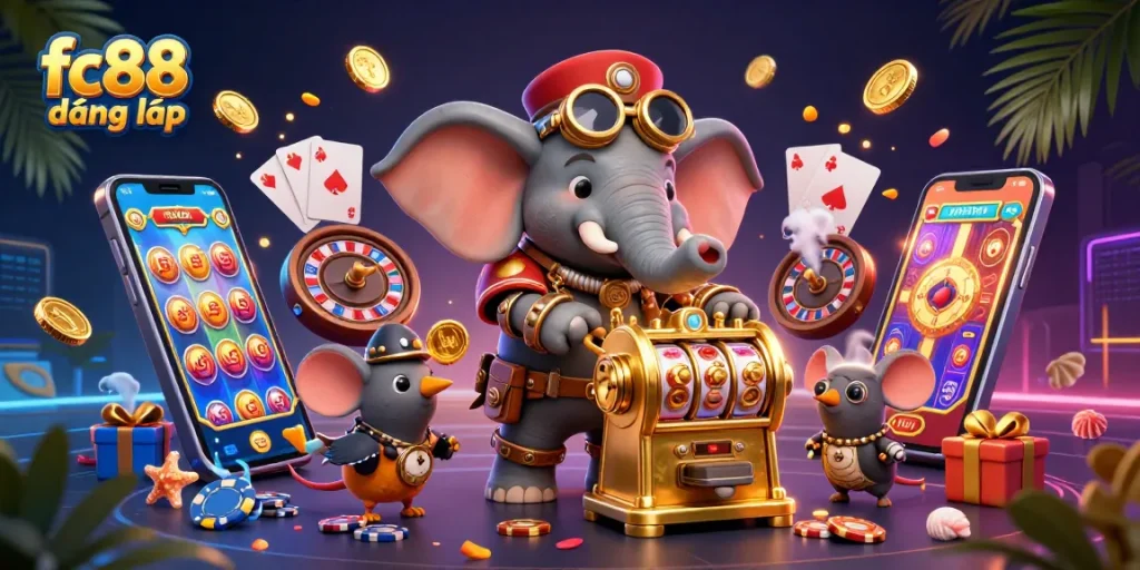 Experience exciting gameplay with fc88 đăng nhập, featuring vibrant 3D casino elements and characters.