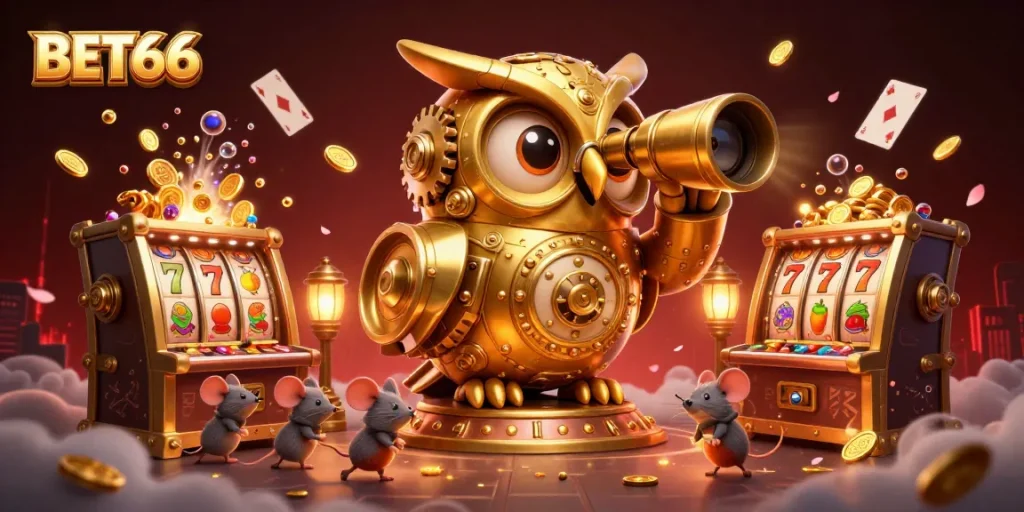 Engage in thrilling gameplay at BET66 with charming 3D owl and exciting slot action.