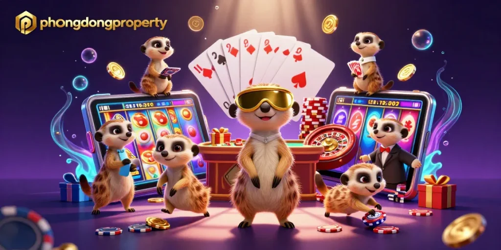 Experience gaming at phuongdongproperty with meerkats in a vibrant casino scene.