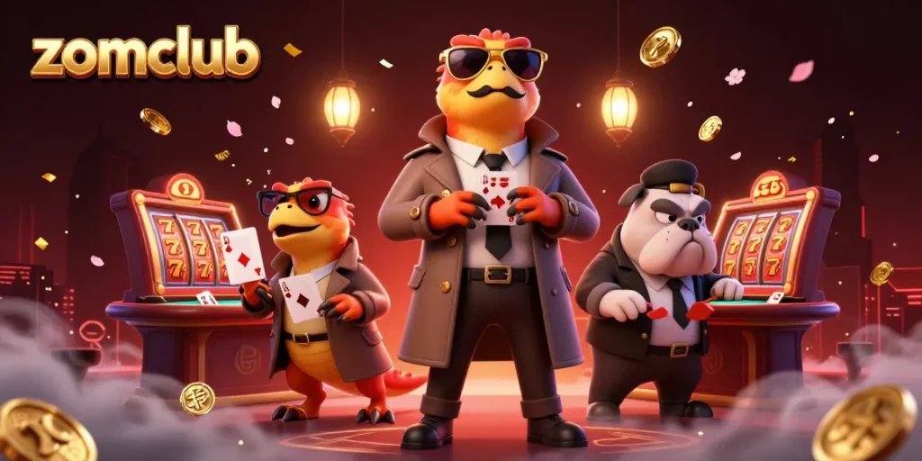 Zomclub raptors entering a VIP casino lounge, bright game elements and dynamic action.