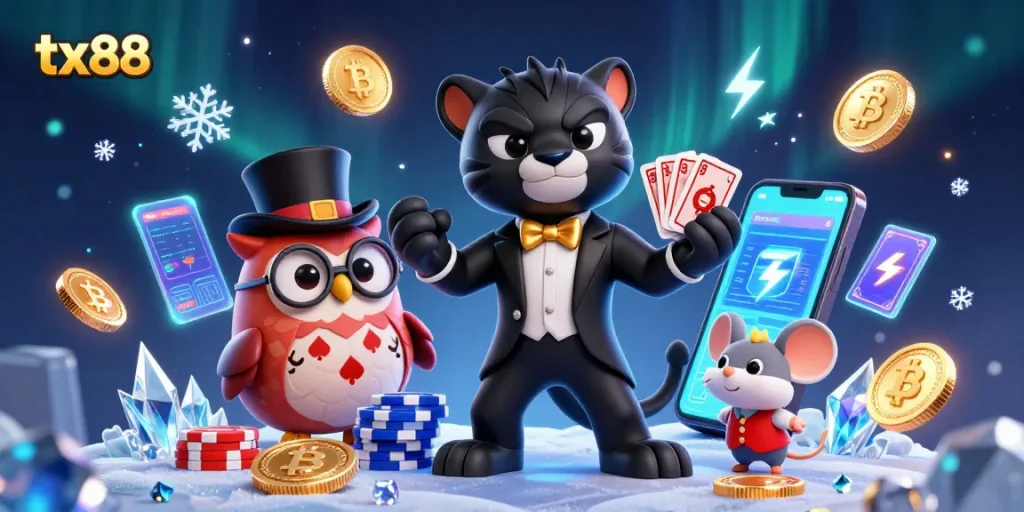 Experience thrilling gaming action with tx88 featuring a stylish panther dealer and whimsical characters.