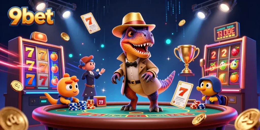 Experience thrilling moments with 9bet in this vibrant 3D casino scene featuring cartoon characters and exciting game elements.
