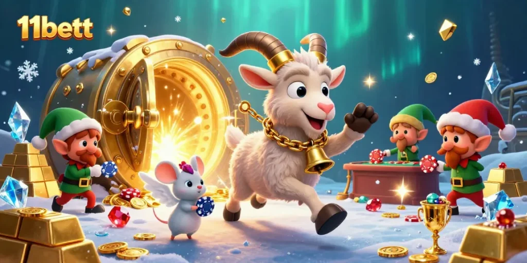 Experience thrilling gaming action at 11bett with vibrant casino elements and festive illustrations.