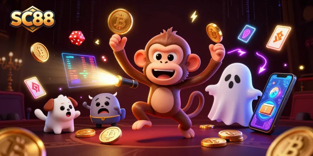 SC88 showcases an exciting casino adventure with the poltergeist monkey and ghost-hunter puppy amid glowing cryptocurrency elements.