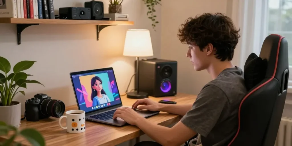 Engaged user chatting with girlfriend AI on a cozy home office setup, showcasing a personal connection.