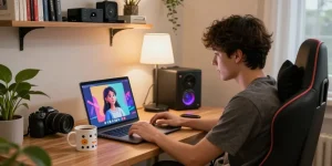 Engaged user chatting with girlfriend AI on a cozy home office setup, showcasing a personal connection.