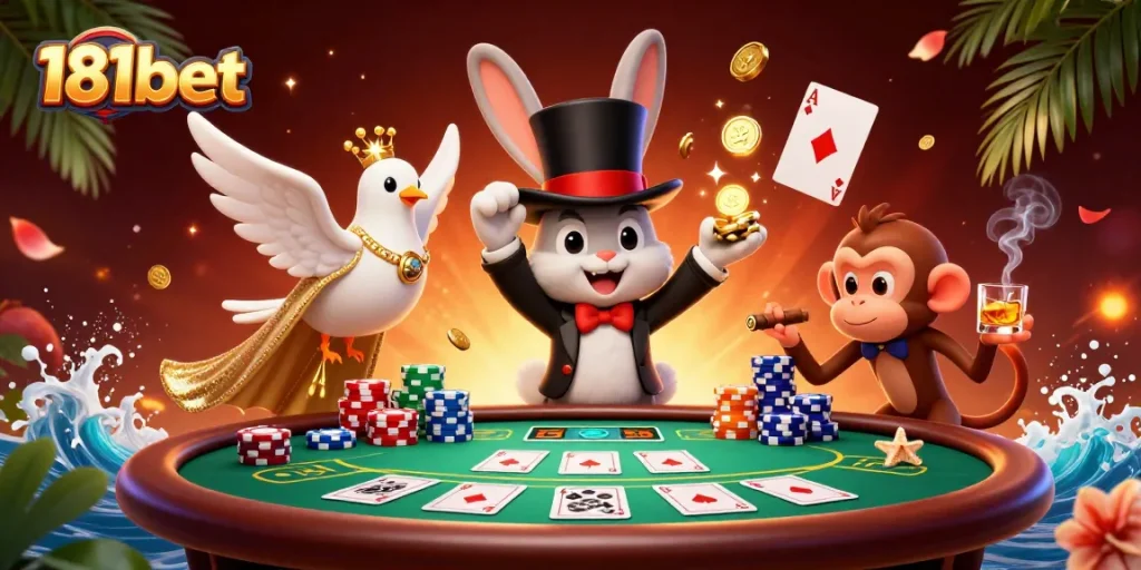 Experience thrilling wins at 181bet with a lively casino scene featuring a magical rabbit, dove, and monkey.