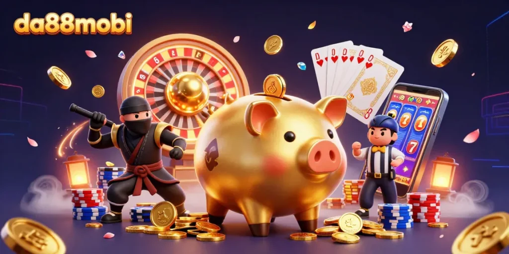 Experience thrilling action at da88mobi with dynamic gaming elements like golden coins and a lively scene.